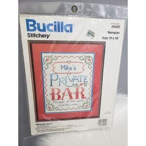 Vintage Bucilla Stitchery Cross Stitch Kit Sampler PRIVATE BAR Mancave Brew Beer